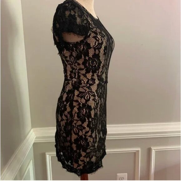 Lace Dress Short Sleeve Black with Nude Lining Keyhole Back - Picture 3 of 5